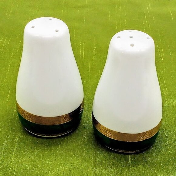 White Porcelain Green Gold Trim Salt & Pepper Shakers - Picture 2 of 6
